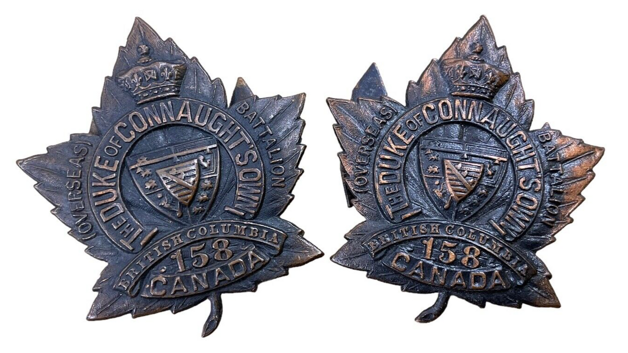 WW1 Canadian CEF 158th Battalion Collar Badge Insignia Pair WW1 Canadian CEF 158th Battalion Collar Badge Insignia Pair