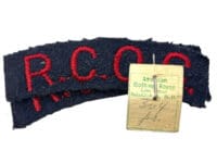 WW2 Canadian RCOC Ordnance Corps Shoulder Titles Pair with Tailors Tag