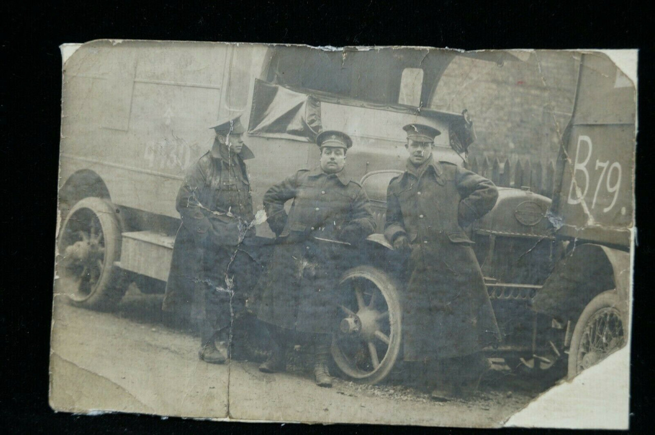 WW1 Canadian British CEF BEF Soldiers Standing With Truck Photo Postcard WW1 Canadian British CEF BEF Soldiers Standing With Truck Photo Postcard