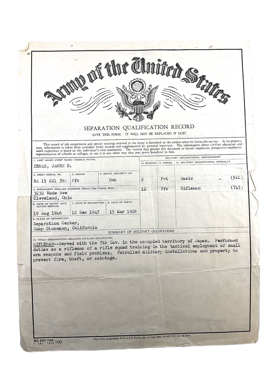 US Japan Japanese Made 1st Cavalry Shoulder Patch SSI and Discharge Documents US Japan Japanese Made 1st Cavalry Shoulder Patch SSI and Discharge Documents