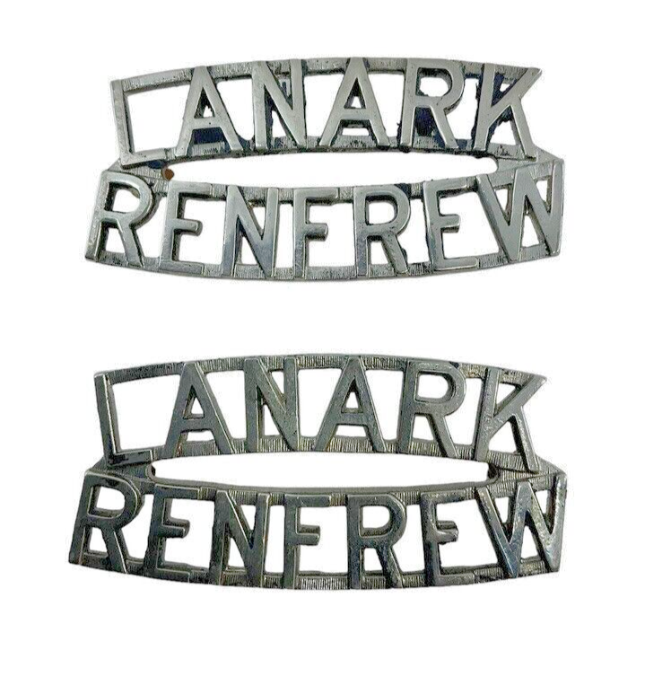 WW2 Canadian Lanark and Renfrew Scottish Metal Shoulder Titles Pair WW2 Canadian Lanark and Renfrew Scottish Metal Shoulder Titles Pair