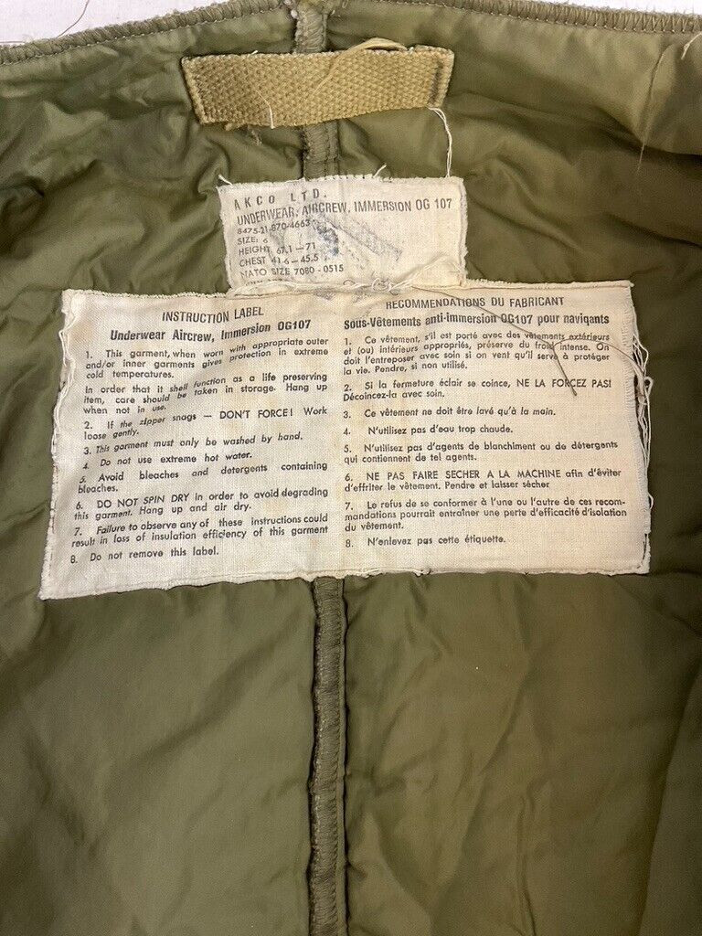 Canadian Forces RCAF Aircrew Immersion Suit Liner OD Green Size 6 Canadian Forces RCAF Aircrew Immersion Suit Liner OD Green Size 6