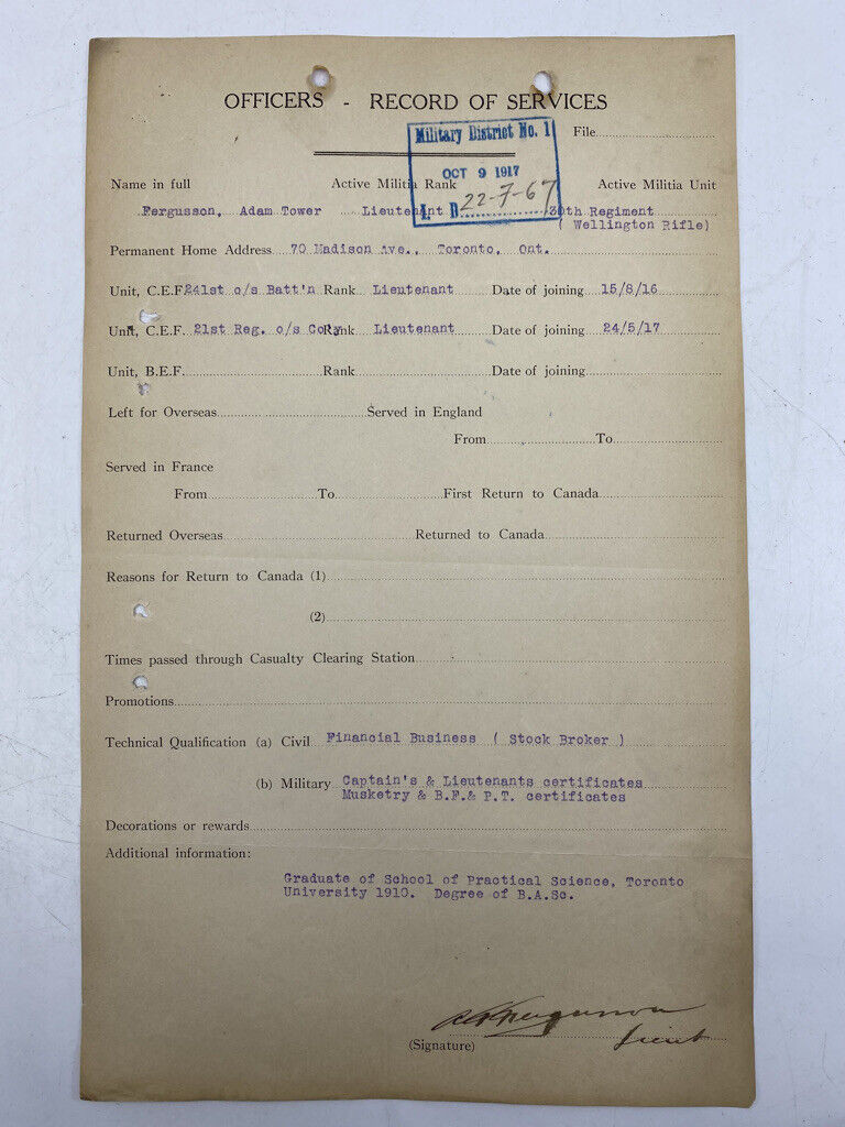 WW1 Canadian CEF Officers Record of Service Lt Fergusson 21st Btn WW1 Canadian CEF Officers Record of Service Lt Fergusson 21st Btn