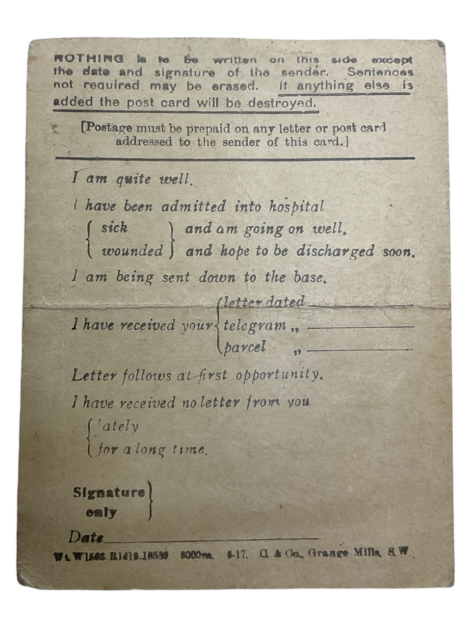 WW1 Irish British German POW Field Service Postcard WW1 Irish British German POW Field Service Postcard