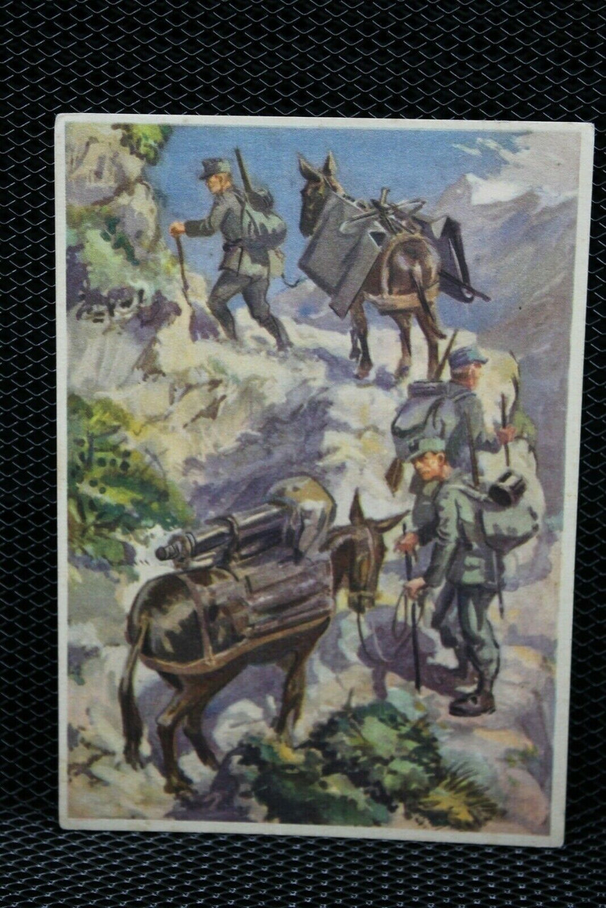 WW2 German Mountain Troops Postcard Colour Mule Scene WW2 German Mountain Troops Postcard Colour Mule Scene