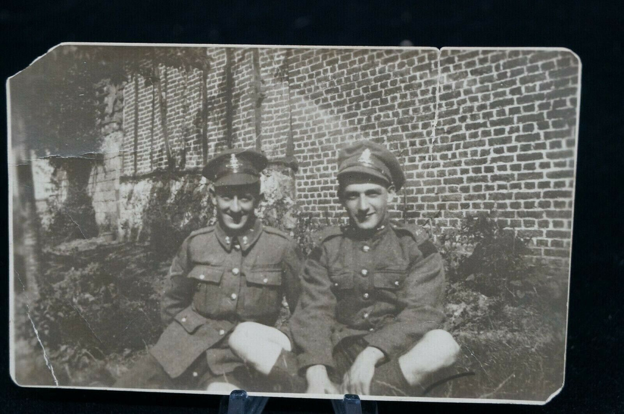 WW1 Canadian CEF two Soldiers sitting informal Postcard WW1 Canadian CEF two Soldiers sitting informal Postcard