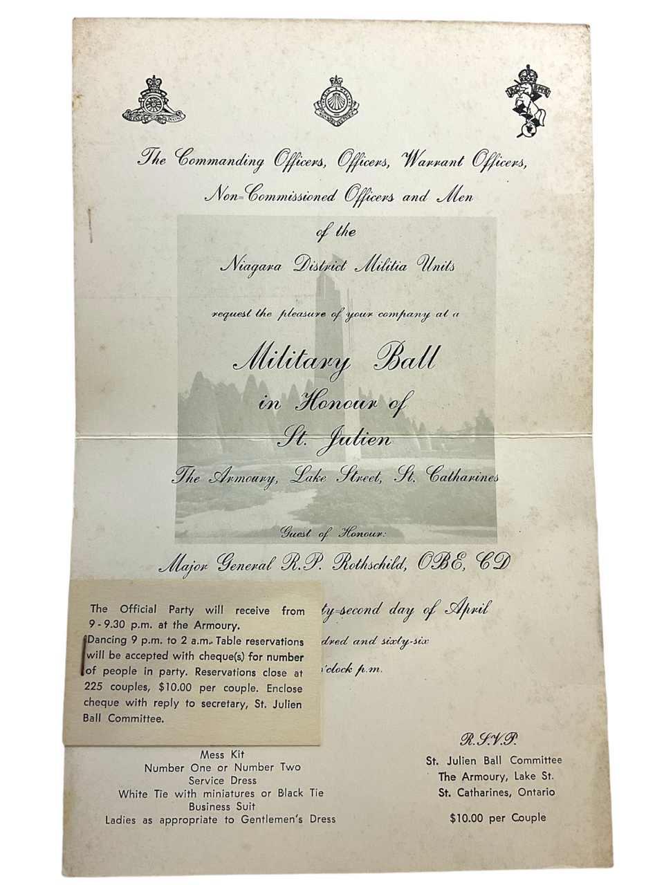 WW1 Canadian CEF Niagara Militia St Julien Anniversary Ball Invitation Card WW1 Canadian CEF Niagara Militia St Julien Anniversary Ball Invitation Card
