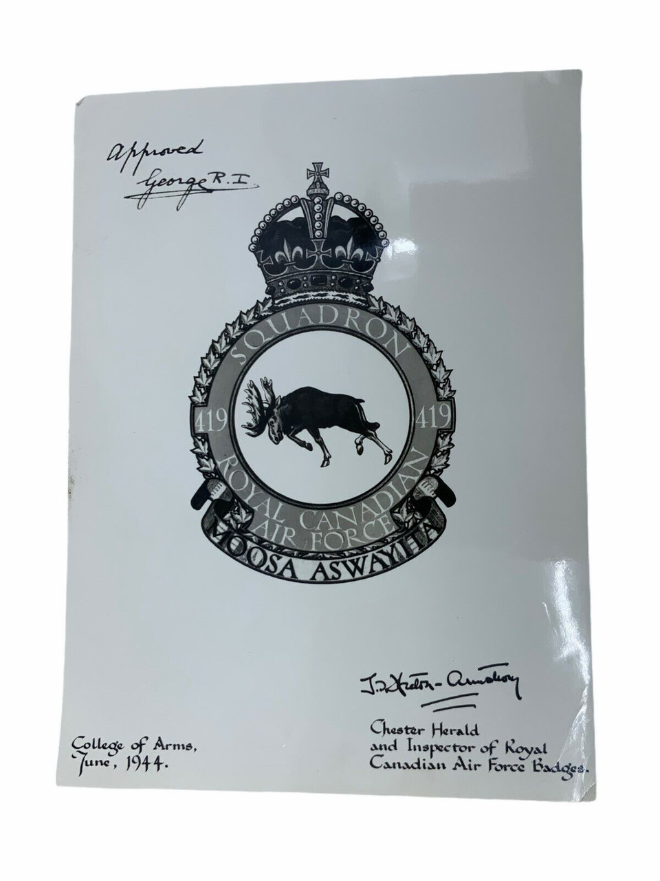 WW2 Canadian RCAF 419 Squadron Heraldic Crest Approval Photograph June 1944 WW2 Canadian RCAF 419 Squadron Heraldic Crest Approval Photograph June 1944
