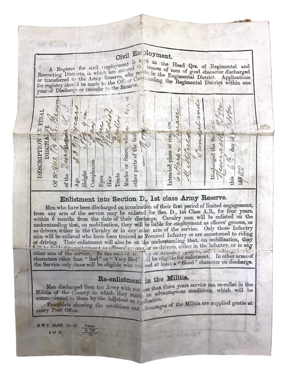 Victorian Boer War British Durham Light Infantry Parchment Discharge Certificate Victorian Boer War British Durham Light Infantry Parchment Discharge Certificate