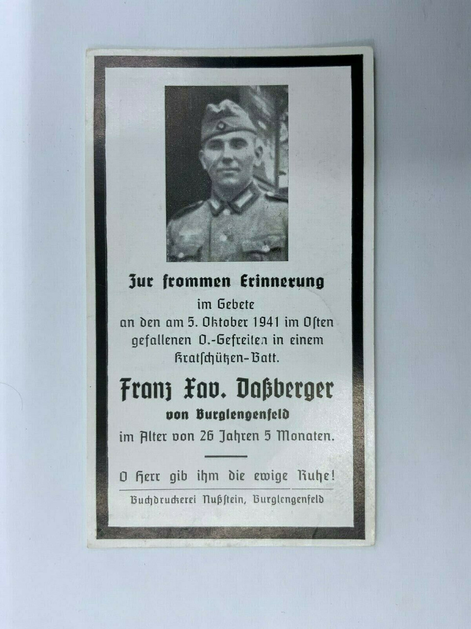 WW2 German Franz Xaver Daszberger Motorized Infantry Regiment Death Card WW2 German Franz Xaver Daszberger Motorized Infantry Regiment Death Card