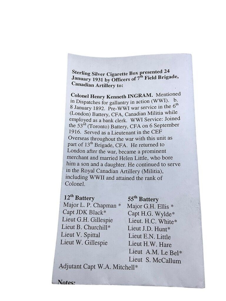 Canadian Sterling Silver Hallmark Cigarette Box Presented 7th Field Brigade CFA Canadian Sterling Silver Hallmark Cigarette Box Presented 7th Field Brigade CFA