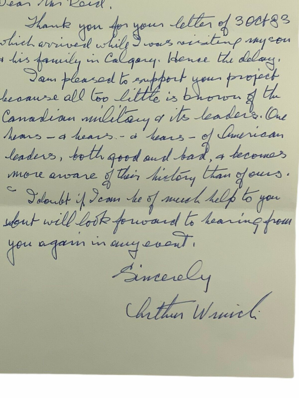 Canadian Personal Letter Major General Wrinch Canadian Personal Letter Major General Wrinch