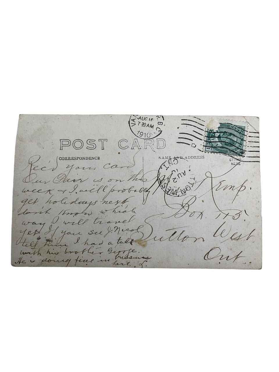 Pre WW1 Canadian Group Postcard 1910 Dated With Stamp Pre WW1 Canadian Group Postcard 1910 Dated With Stamp