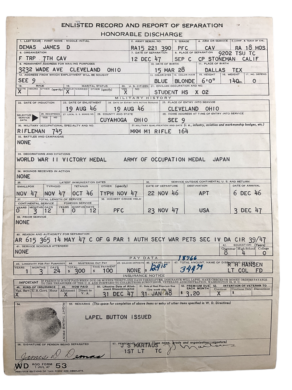 US Japan Japanese Made 1st Cavalry Shoulder Patch SSI and Discharge Documents US Japan Japanese Made 1st Cavalry Shoulder Patch SSI and Discharge Documents