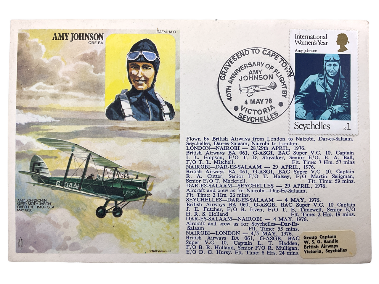 British RAF First Day Cover Stamp Amy Johnson Gravesend To Cape Town British RAF First Day Cover Stamp Amy Johnson Gravesend To Cape Town