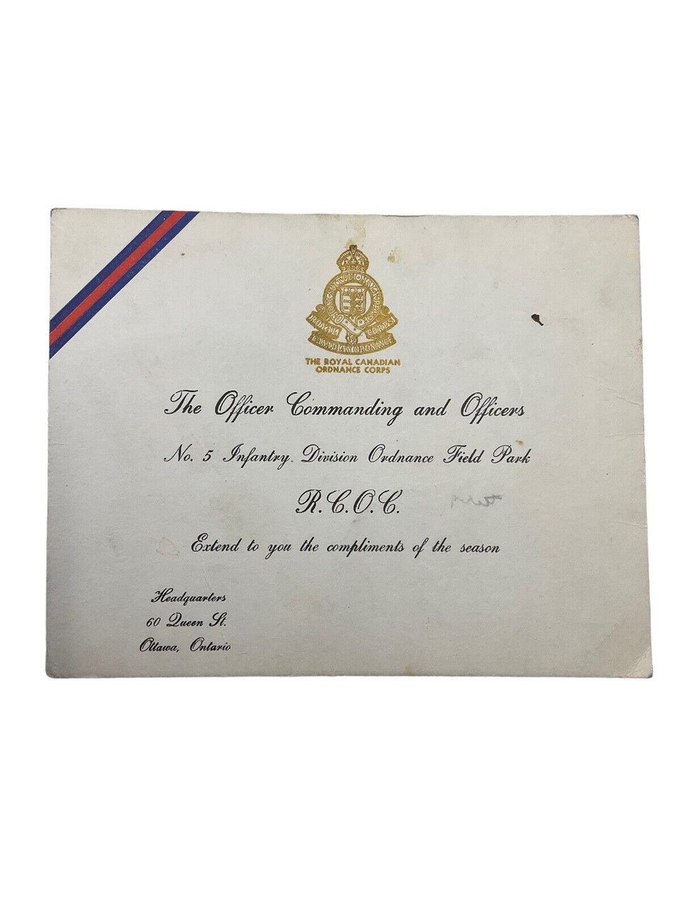 Canadian RCOC 5th Infantry Division Ordnance Field Park Ottawa Christmas Card Canadian RCOC 5th Infantry Division Ordnance Field Park Ottawa Christmas Card