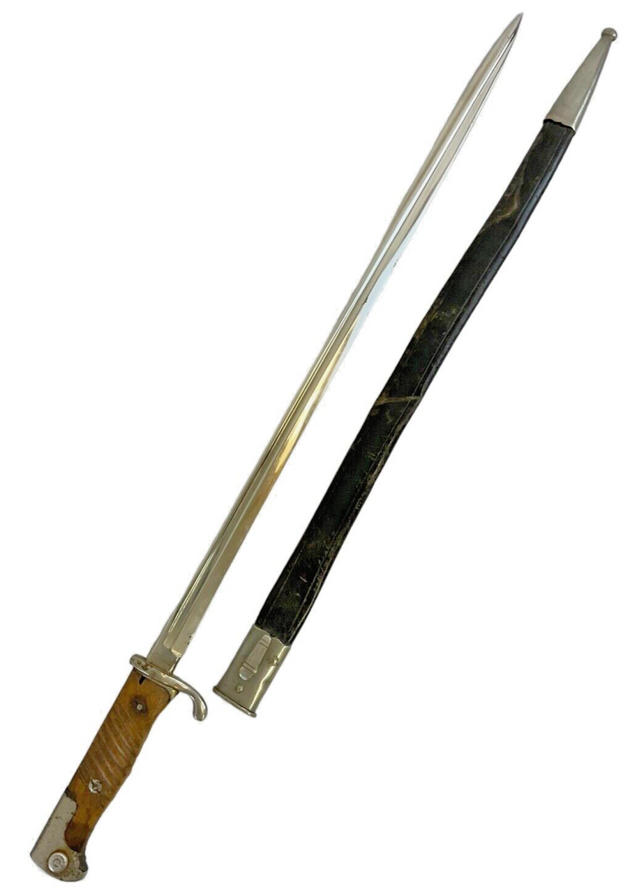 WW1 Imperial German Model 1898 Pipe Back Bayonet & Leather Scabbard Chromed WW1 Imperial German Model 1898 Pipe Back Bayonet & Leather Scabbard Chromed