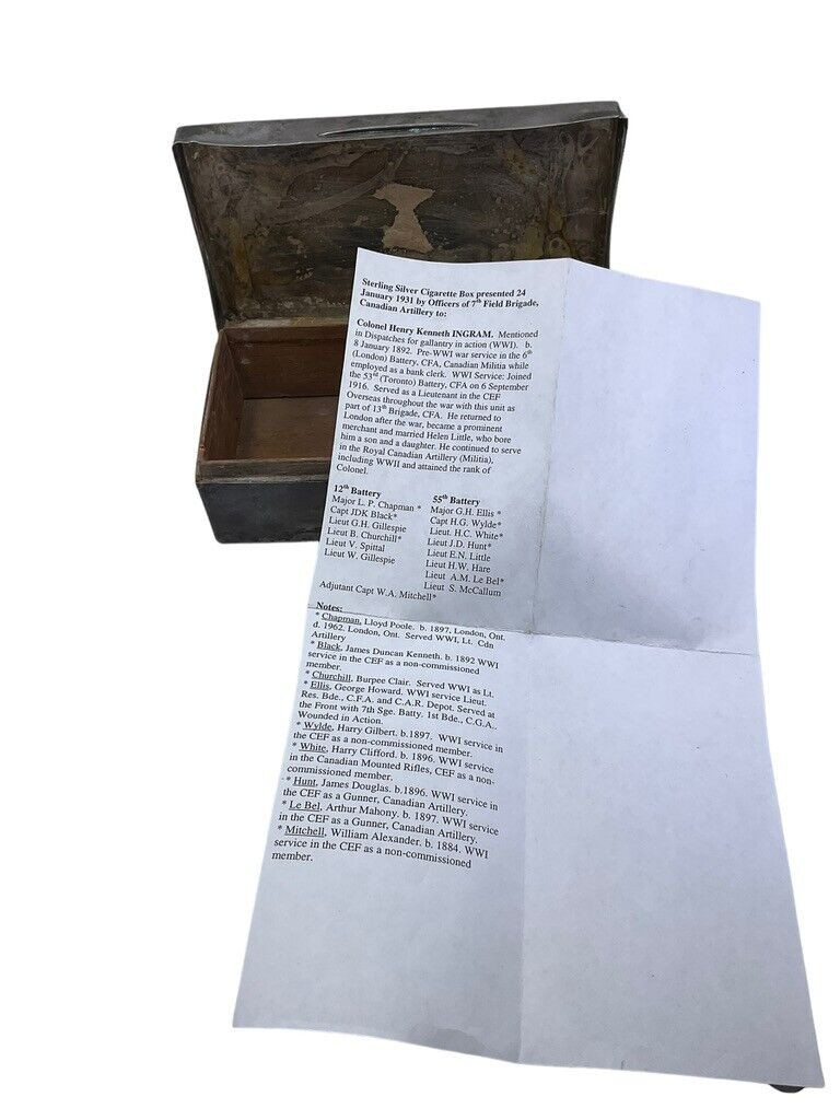 Canadian Sterling Silver Hallmark Cigarette Box Presented 7th Field Brigade CFA Canadian Sterling Silver Hallmark Cigarette Box Presented 7th Field Brigade CFA