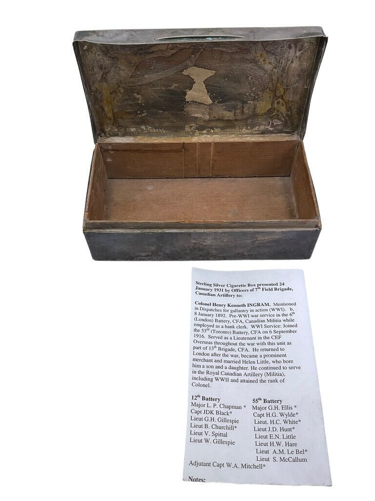 Canadian Sterling Silver Hallmark Cigarette Box Presented 7th Field Brigade CFA Canadian Sterling Silver Hallmark Cigarette Box Presented 7th Field Brigade CFA