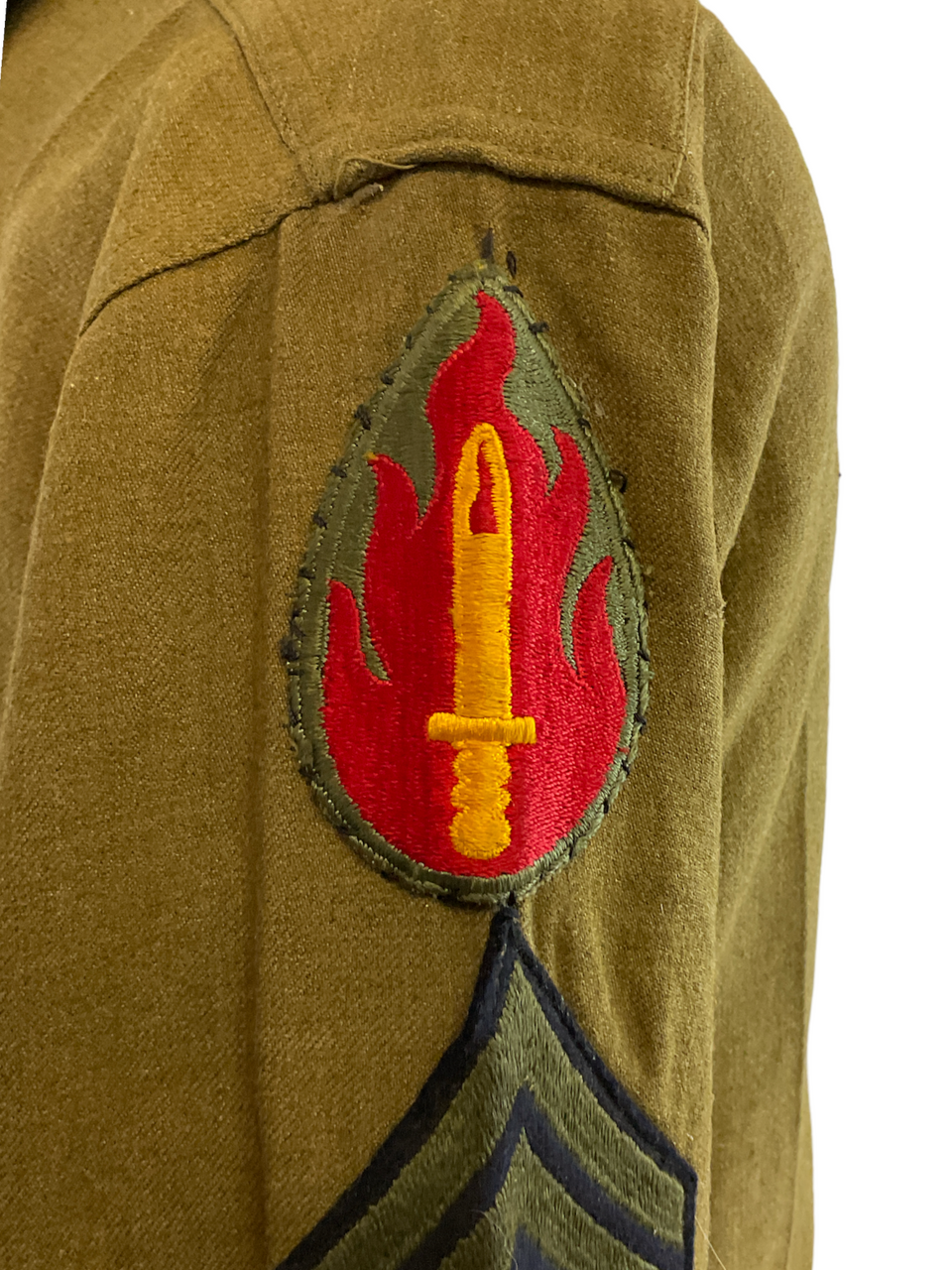 WW2 US 7th US Army Patched Officers Khaki Wool Shirt With Captain Rank Insignia WW2 US 7th US Army Patched Officers Khaki Wool Shirt With Captain Rank Insignia