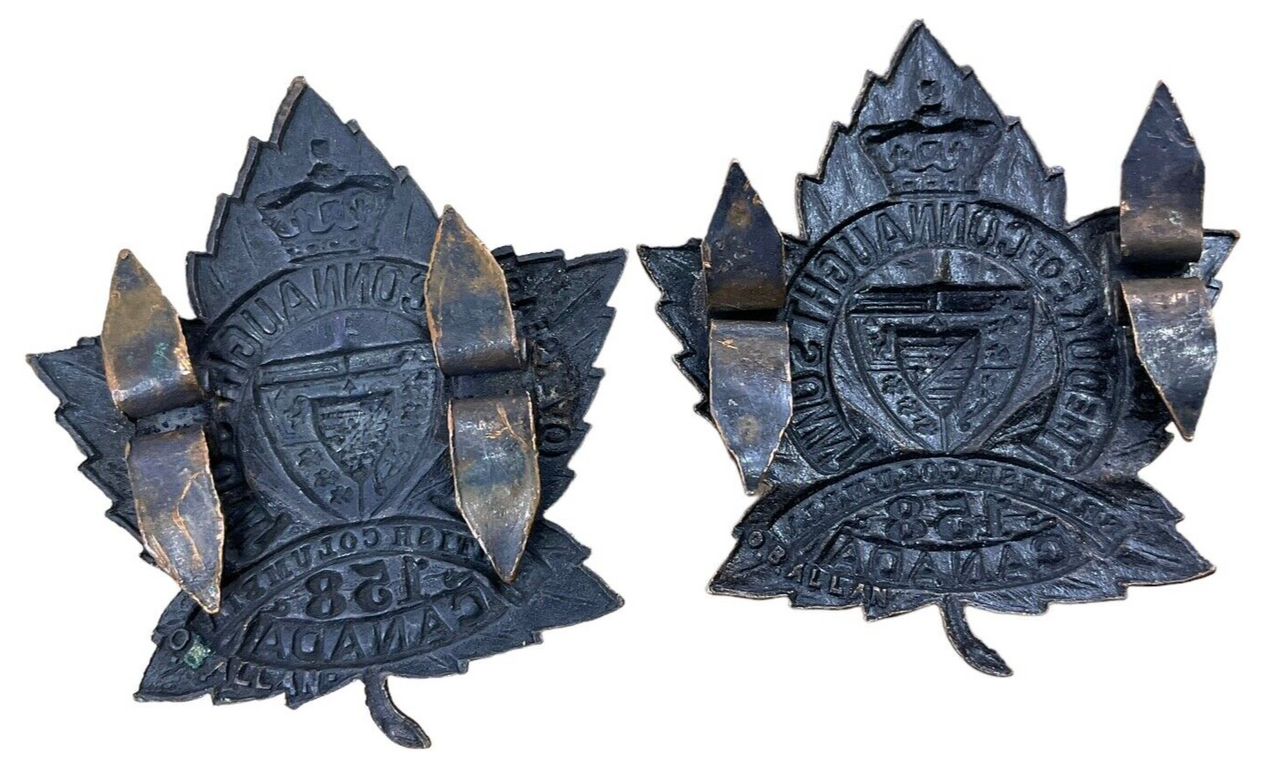 WW1 Canadian CEF 158th Battalion Collar Badge Insignia Pair WW1 Canadian CEF 158th Battalion Collar Badge Insignia Pair