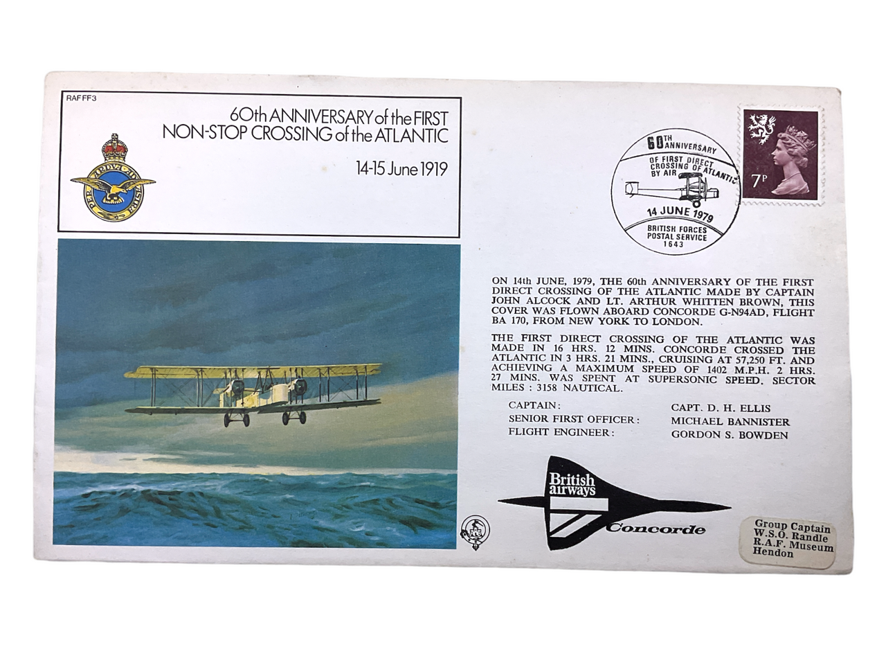 British RAF Commemorative Stamp Cover Non Stop Atlantic Flight 1919-79 Concord British RAF Commemorative Stamp Cover Non Stop Atlantic Flight 1919-79 Concord