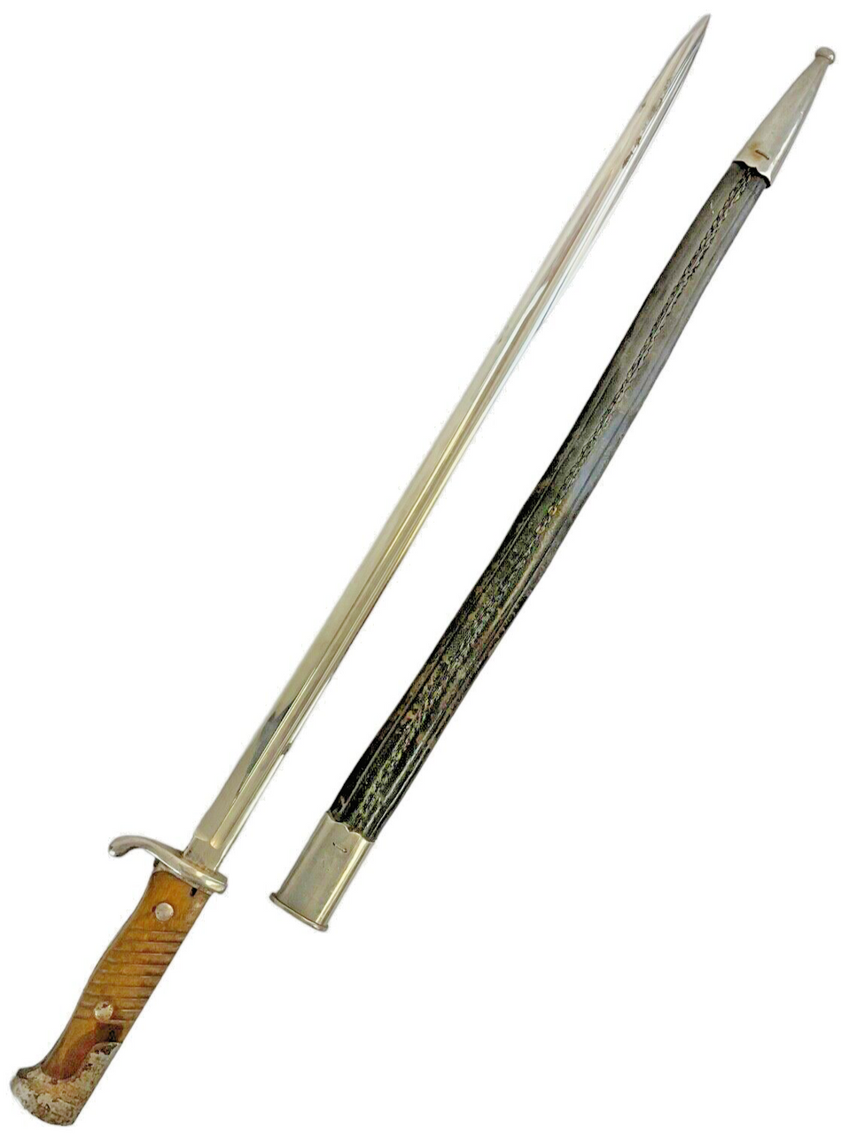WW1 Imperial German Model 1898 Pipe Back Bayonet & Leather Scabbard Chromed WW1 Imperial German Model 1898 Pipe Back Bayonet & Leather Scabbard Chromed