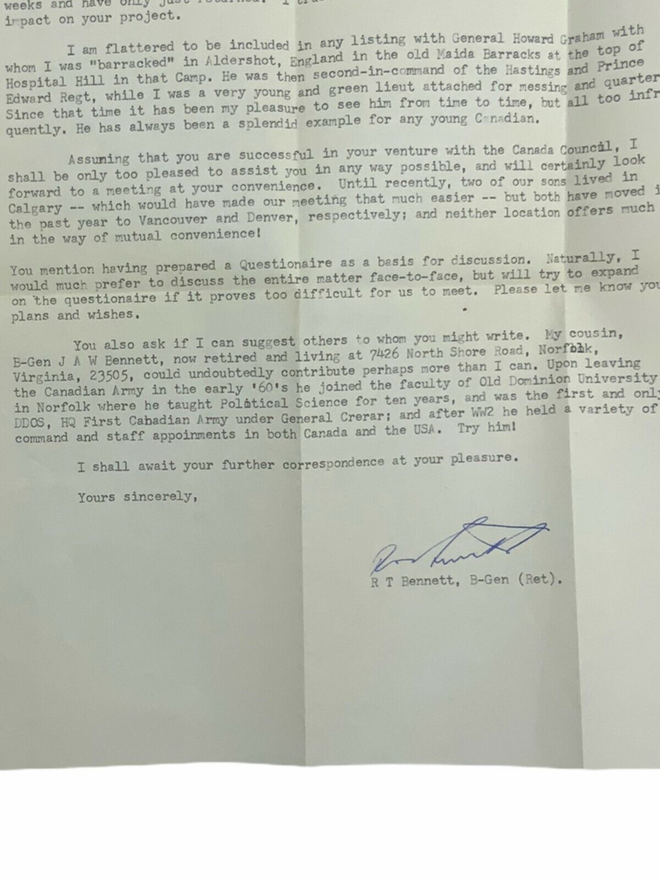 Canadian Personal Letter Brigadier General Bennett Canadian Personal Letter Brigadier General Bennett