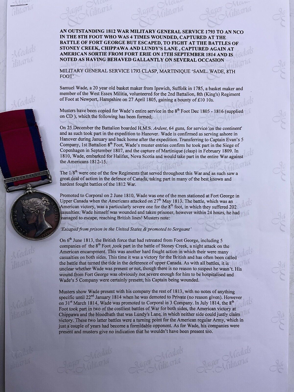 British MGS Military General Service Medal Samuel Wade 8th Foot Martinique POW British MGS Military General Service Medal Samuel Wade 8th Foot Martinique POW