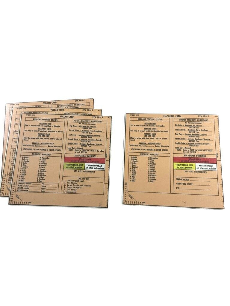 US Army Chaparral Card Vulcan Cannon Cards X 4 1979 Dated US Army Chaparral Card Vulcan Cannon Cards X 4 1979 Dated