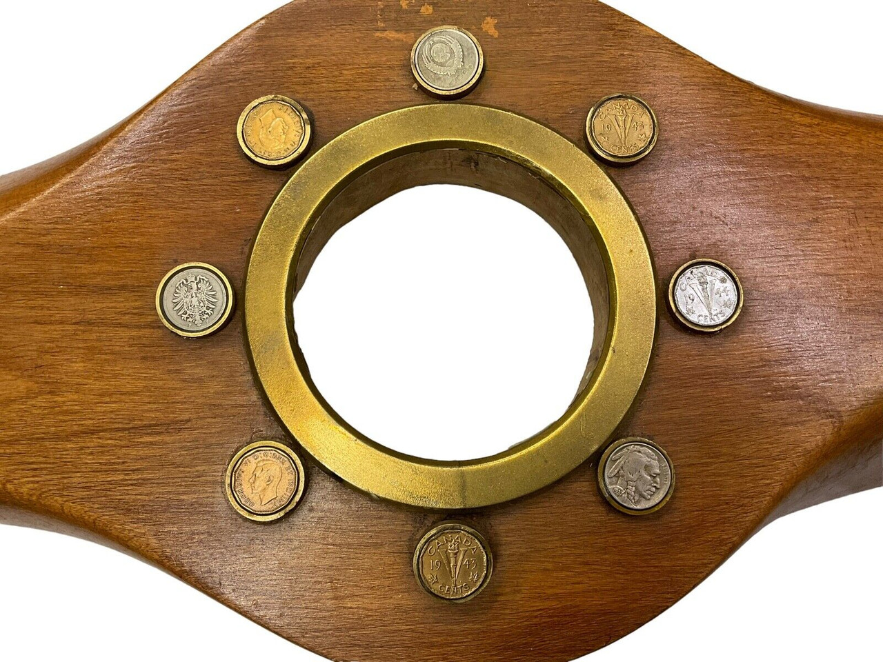 WW2 Canadian British Trench Art Propeller Clock & Coins WW2 Canadian British Trench Art Propeller Clock & Coins