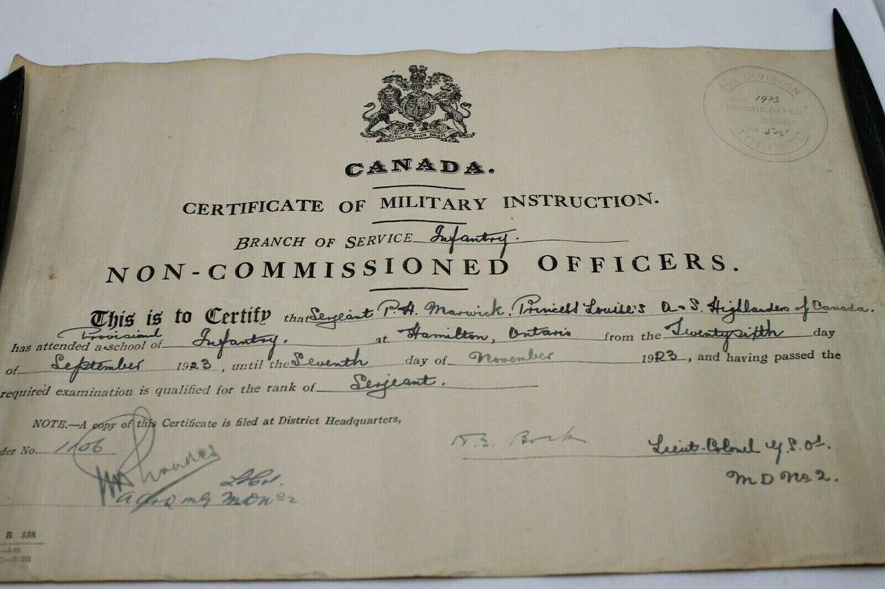 Post WW1 Canadian Argyll Sutherland ASH PLF Infantry Qualification Certificate Post WW1 Canadian Argyll Sutherland ASH PLF Infantry Qualification Certificate