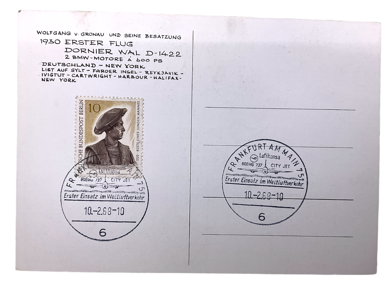German Flugpost First Day Cover Stamp Dornier Frankfurt Lufthansa German Flugpost First Day Cover Stamp Dornier Frankfurt Lufthansa