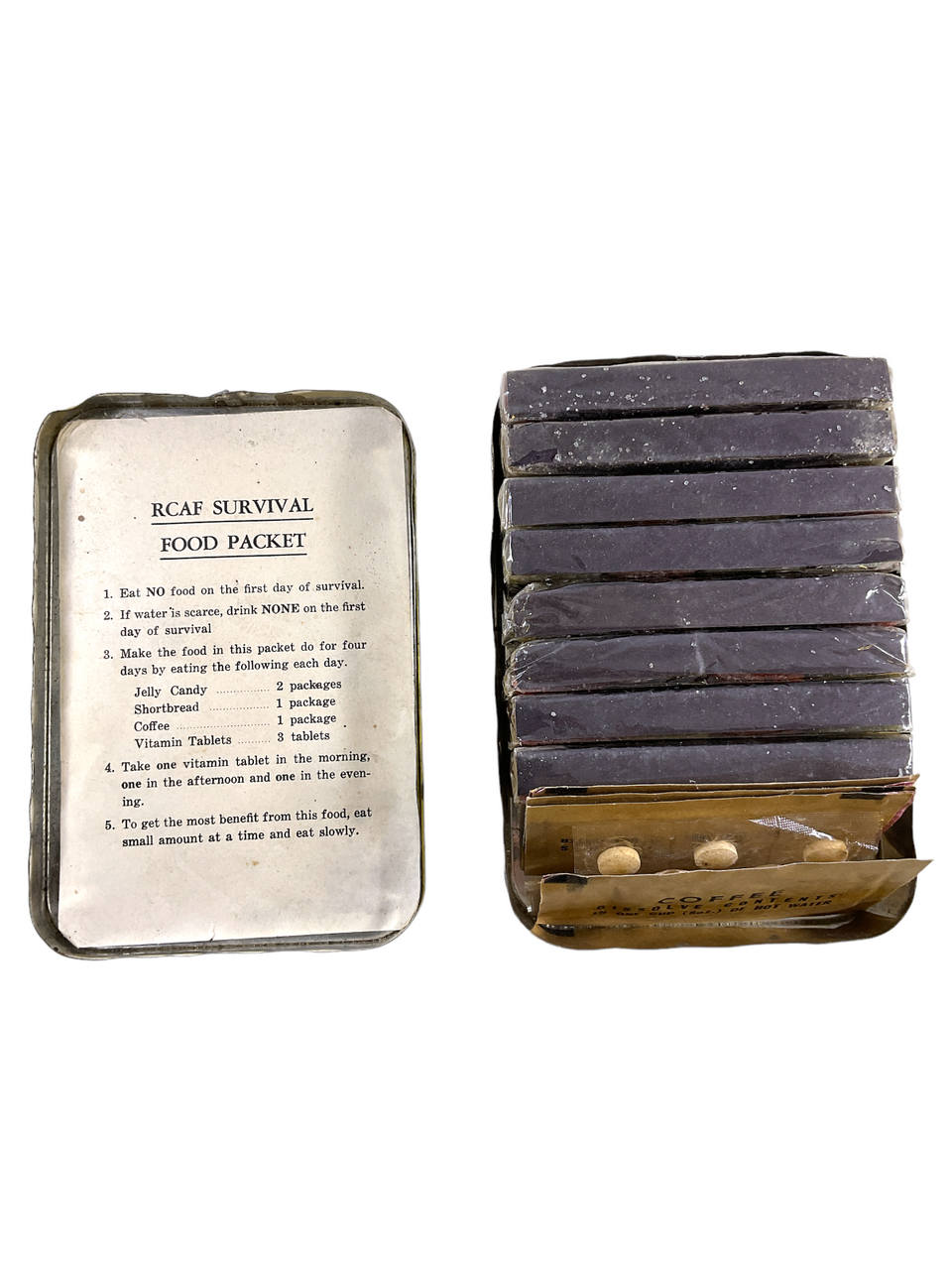 Canadian RCAF Survival Bail Out Ration Tin With Contents OPEN Canadian RCAF Survival Bail Out Ration Tin With Contents OPEN