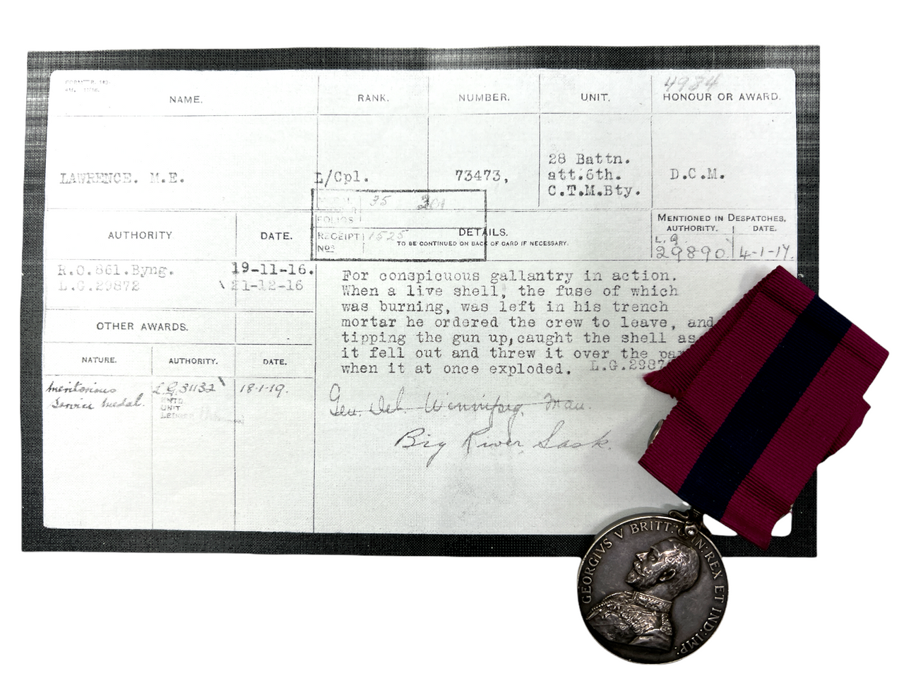 WW1 Canadian CEF DCM 73473 L/Cpl ME Lawrence 28th Battalion 6th Trench Mortar WW1 Canadian CEF DCM 73473 L/Cpl ME Lawrence 28th Battalion 6th Trench Mortar