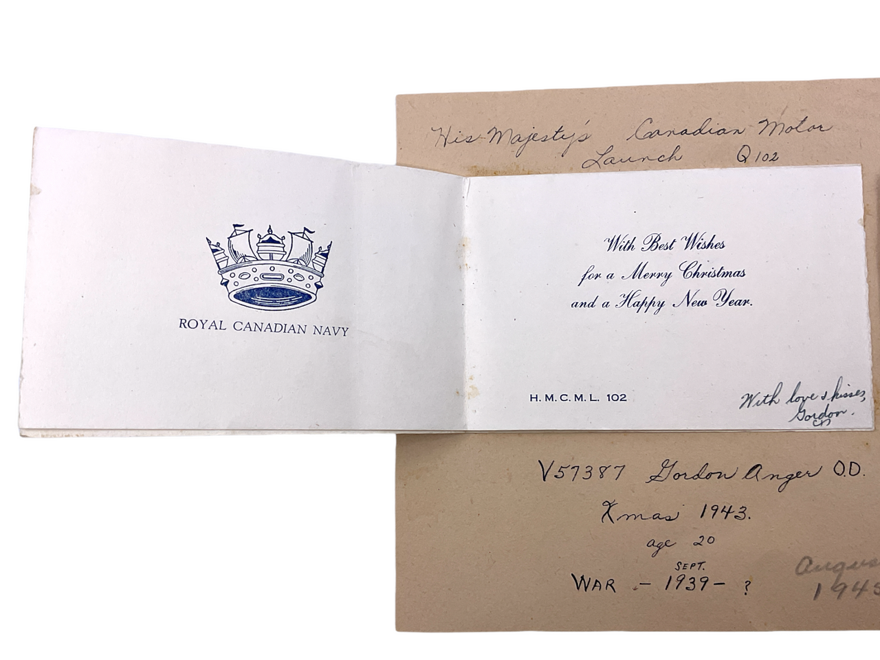 WW2 Canadian RCN Navy Motor Launch 102 Christmas Card 1943 & Envelope WW2 Canadian RCN Navy Motor Launch 102 Christmas Card 1943 & Envelope