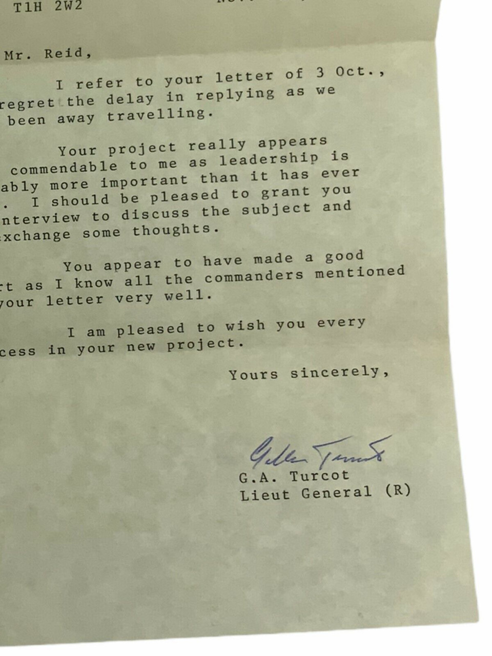 Canadian Personal Letter Lieutenant General Turcot Canadian Personal Letter Lieutenant General Turcot