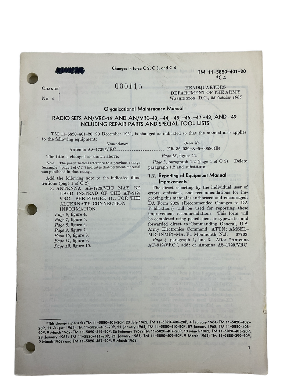US Army Radio Set Am VRC 12 Repair Part Tool Lists Softcover Reference Book US Army Radio Set Am VRC 12 Repair Part Tool Lists Softcover Reference Book