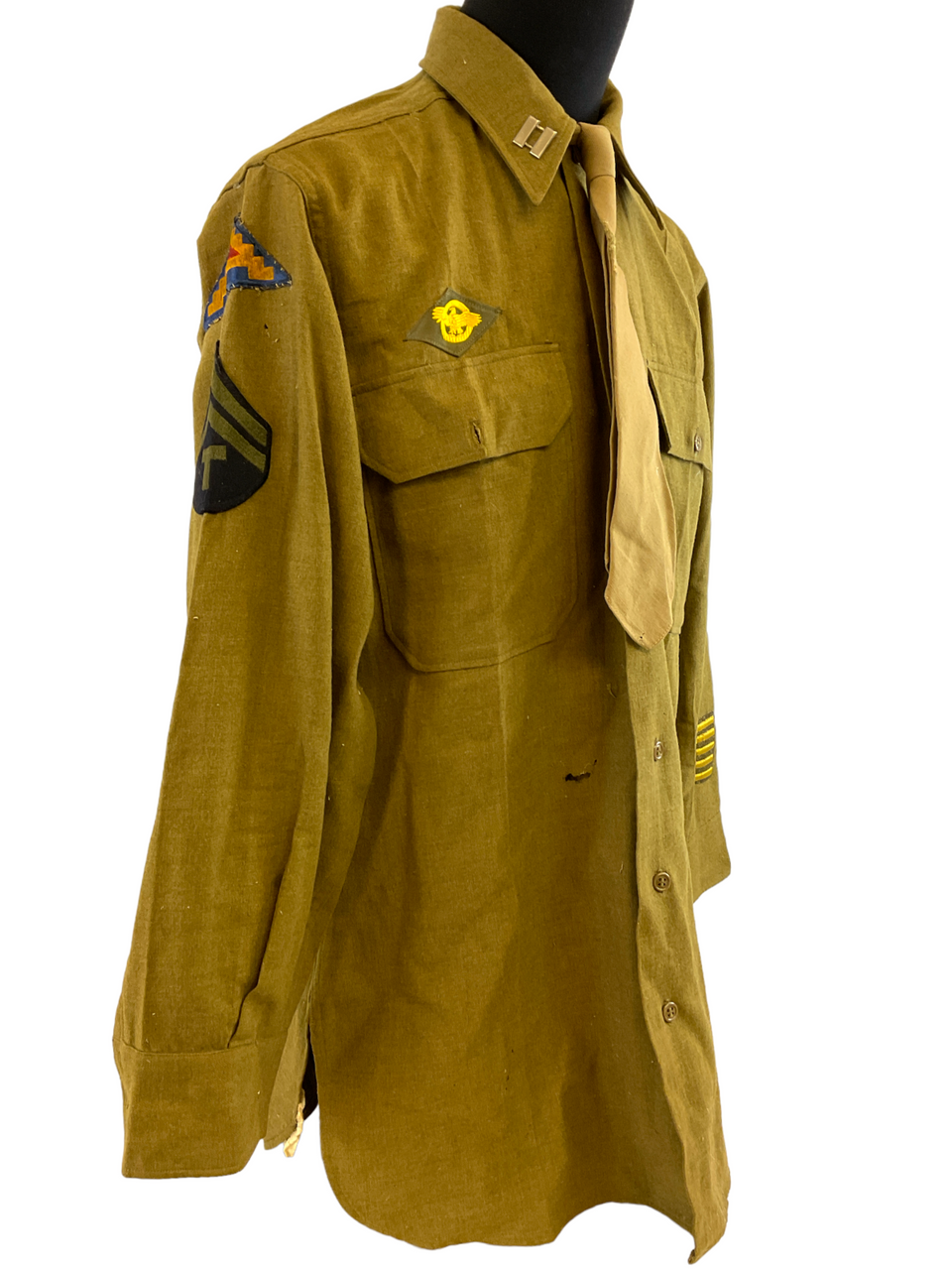 WW2 US 7th US Army Patched Officers Khaki Wool Shirt With Captain Rank Insignia WW2 US 7th US Army Patched Officers Khaki Wool Shirt With Captain Rank Insignia