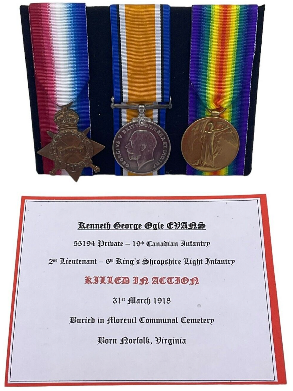 WW1 Canadian CEF 19th Btn British Officers Casualty Medal Group Trio 6th KSLI WW1 Canadian CEF 19th Btn British Officers Casualty Medal Group Trio 6th KSLI