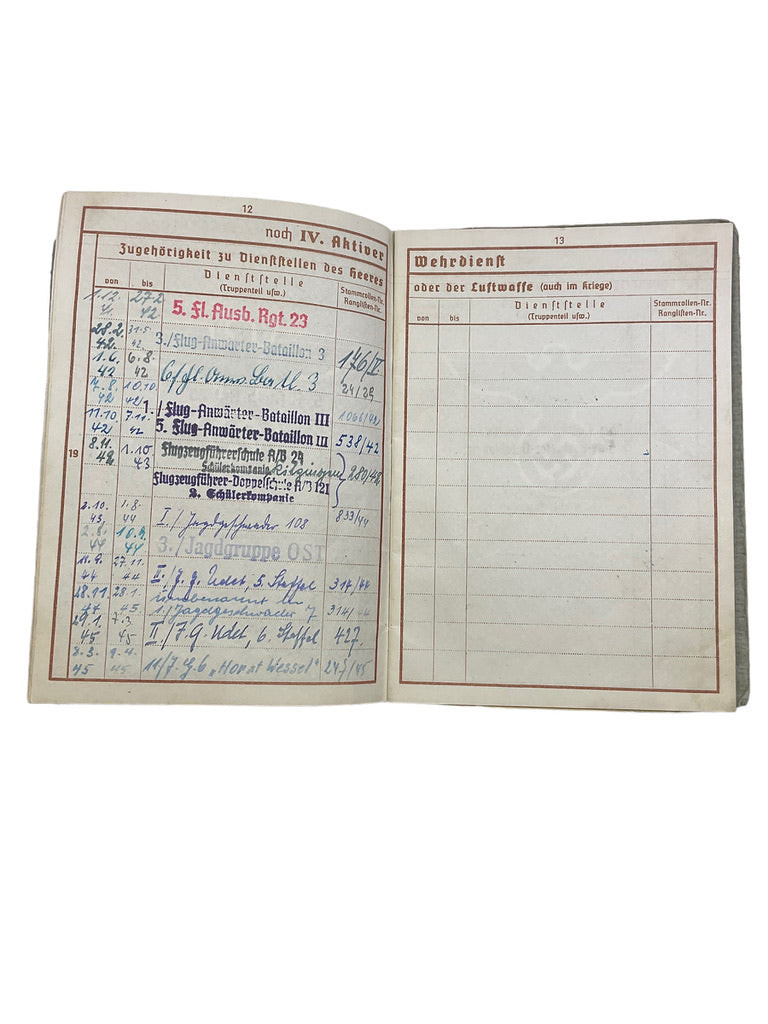 WW2 German Luftwaffe Log Book Wehrpass JG 6 Fighter Pilot Grouping Eastern Front WW2 German Luftwaffe Log Book Wehrpass JG 6 Fighter Pilot Grouping Eastern Front