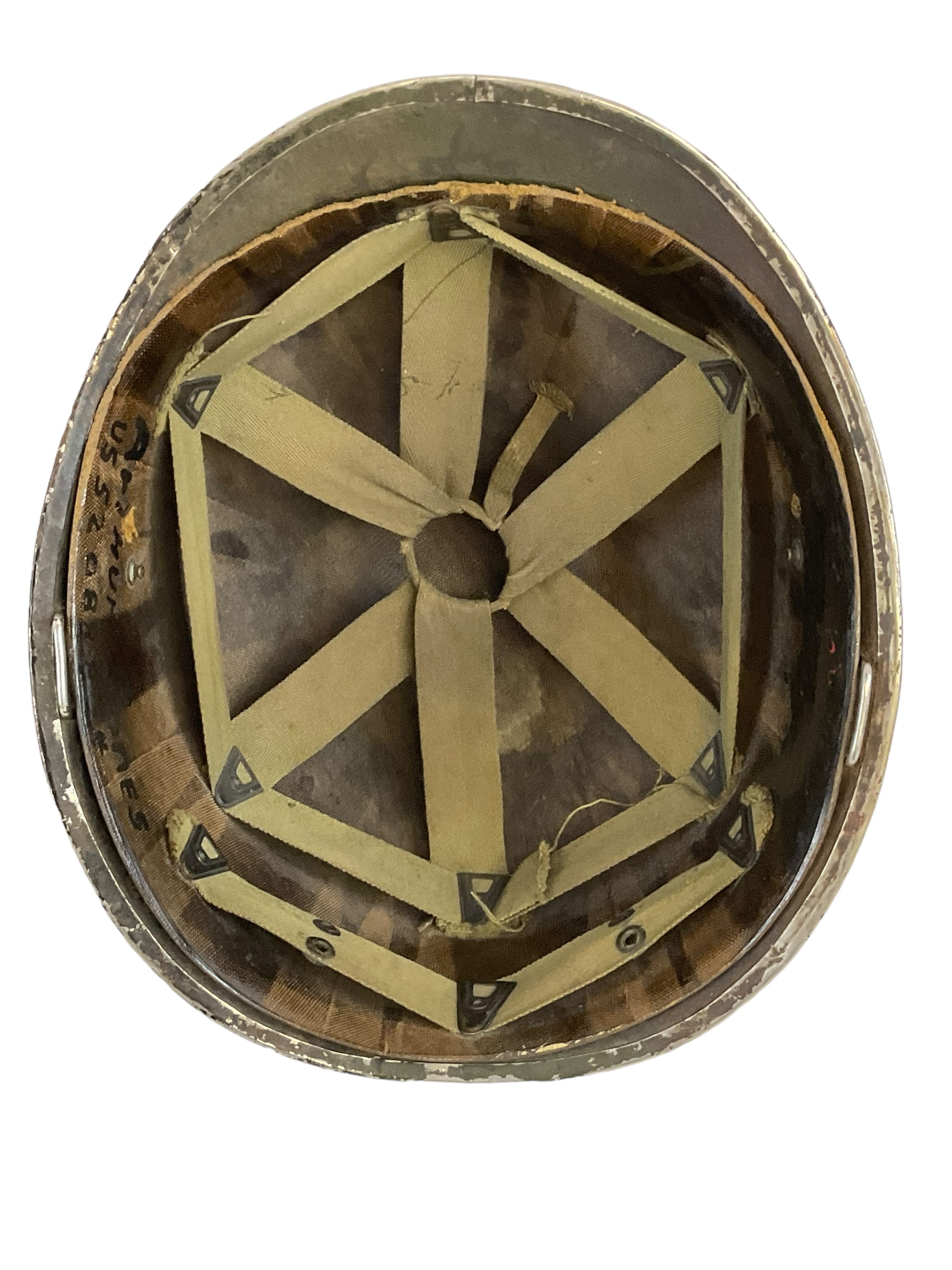 WW2 US M1 Steel Helmet Front Seam Fixed Bail with Cut Down Liner WW2 US M1 Steel Helmet Front Seam Fixed Bail with Cut Down Liner