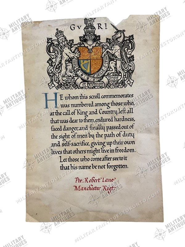 WW1 British BEF Memorial Scroll Pte Robert Lane Manchester Regiment KIA ...