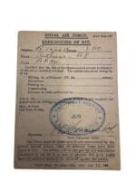WW2 Canadian RCAF RAF Deficiencies of Kit Card