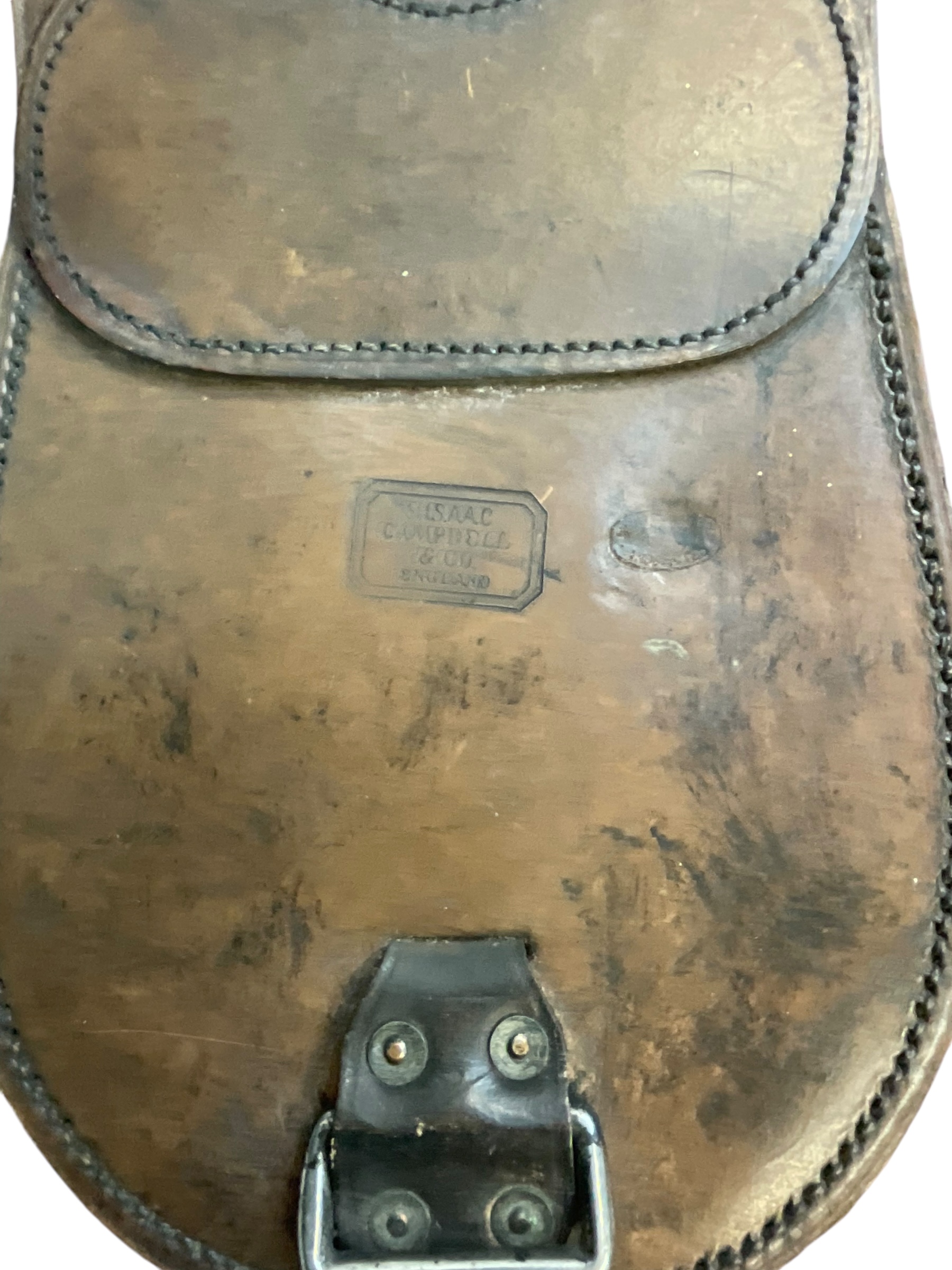 WW1 British Leather Officers Cavalry Horseshoe Carrier Maker Marked Issac Campbell WW1 British Leather Officers Cavalry Horseshoe Carrier Maker Marked Issac Campbell