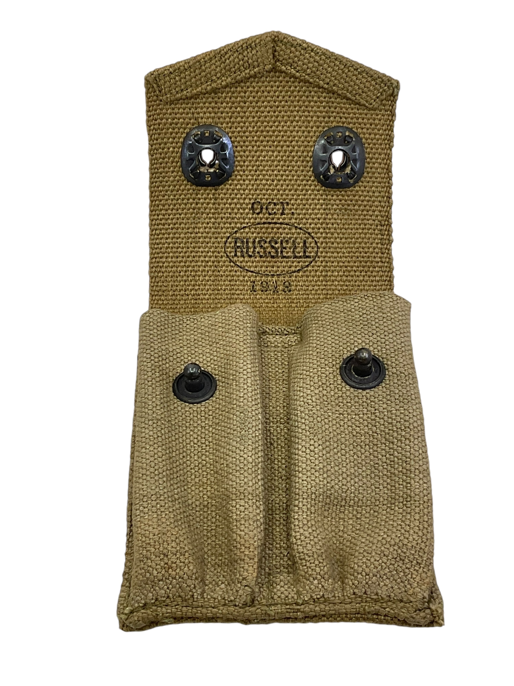 WW1 US AEF M1911 Pistol Magazine Pouch Marked Russell 1918 WW1 US AEF M1911 Pistol Magazine Pouch Marked Russell 1918