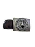 WW2 German Hitler Youth HJ Steel Belt Buckle Marked RZM 17 With Leather Tab