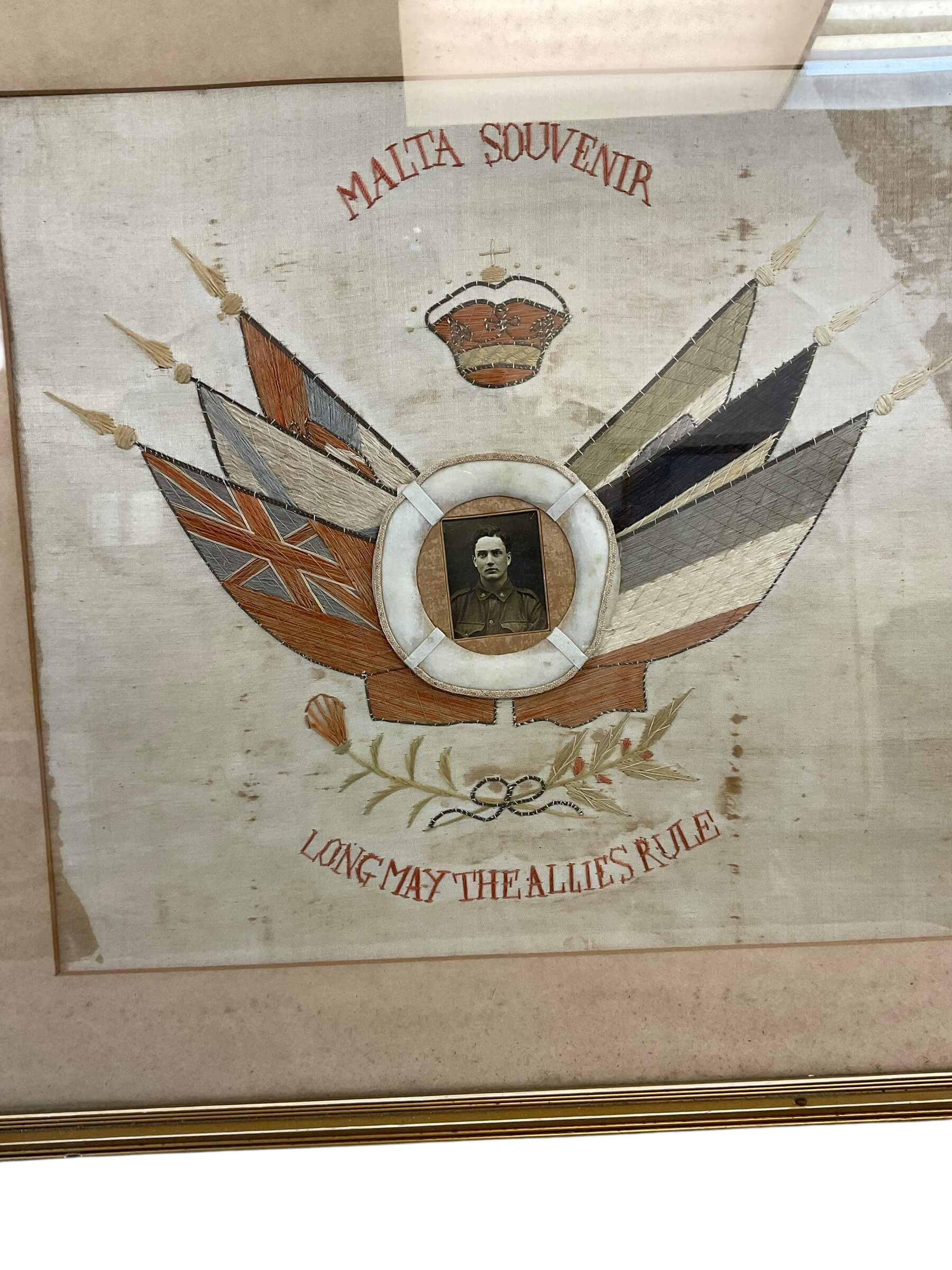 WW1 Australian ANZAC Malta Souvenir Long Live The Allies Rule Framed Embroidery 25 X 28 WW1 Australian ANZAC Malta Souvenir Long Live The Allies Rule Framed Embroidery 25 X 28