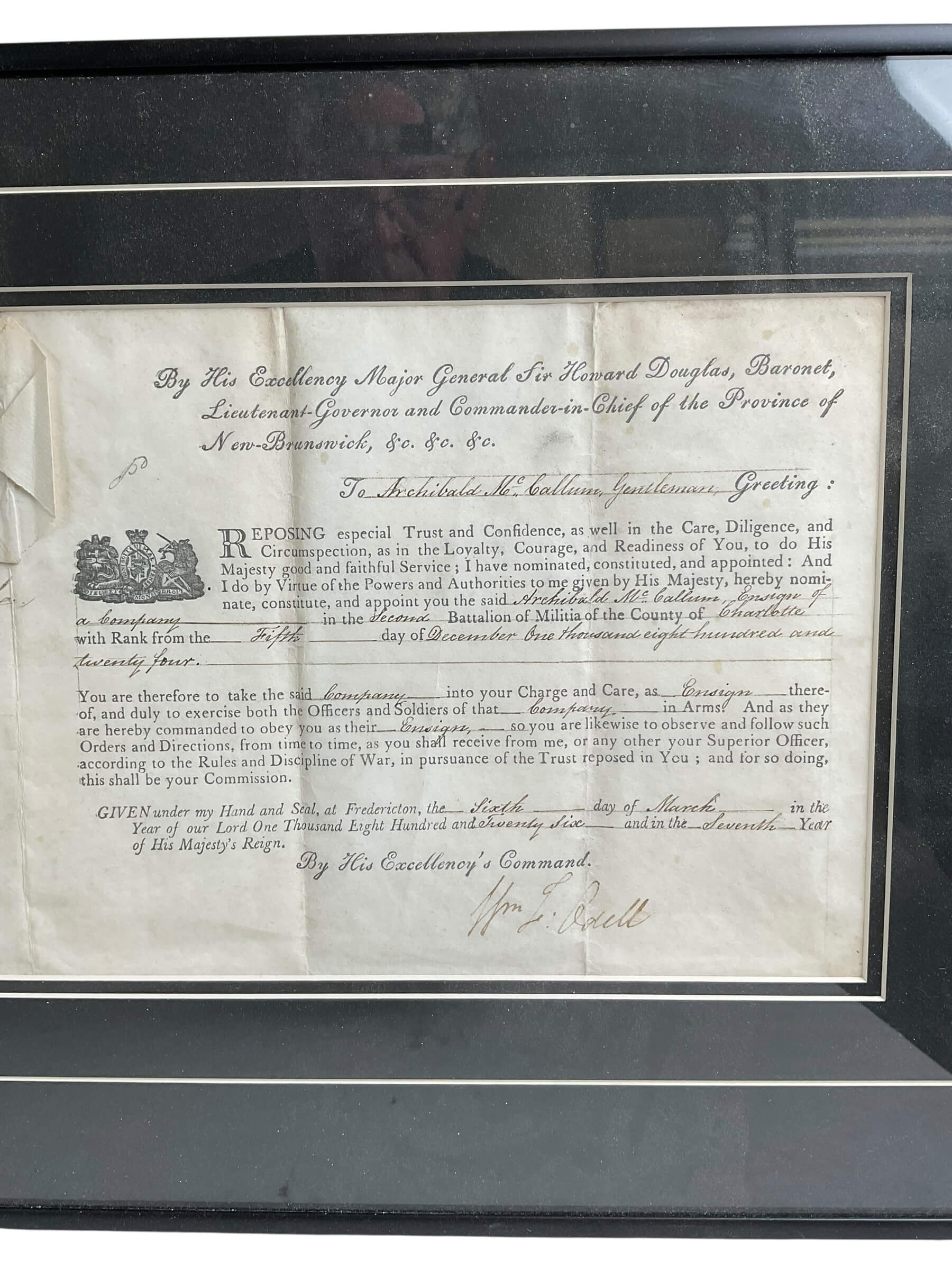 Canadian Officers Commission New Brunswick Militia 1824 Framed Canadian Officers Commission New Brunswick Militia 1824 Framed