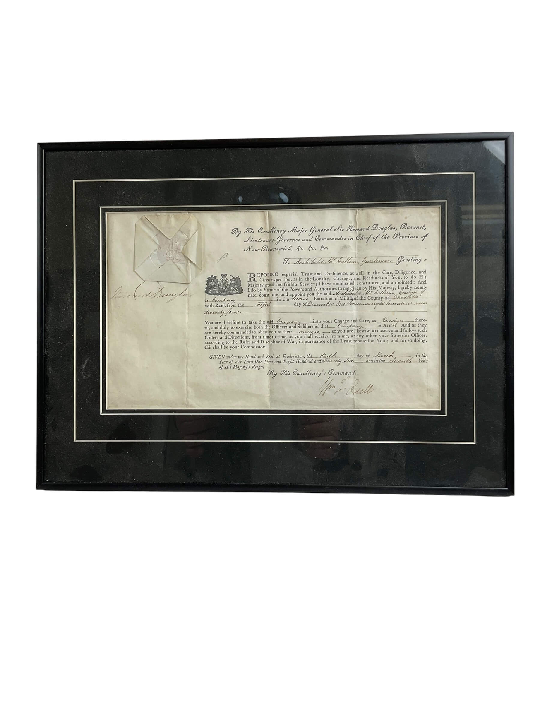 Canadian Officers Commission New Brunswick Militia 1824 Framed Canadian Officers Commission New Brunswick Militia 1824 Framed
